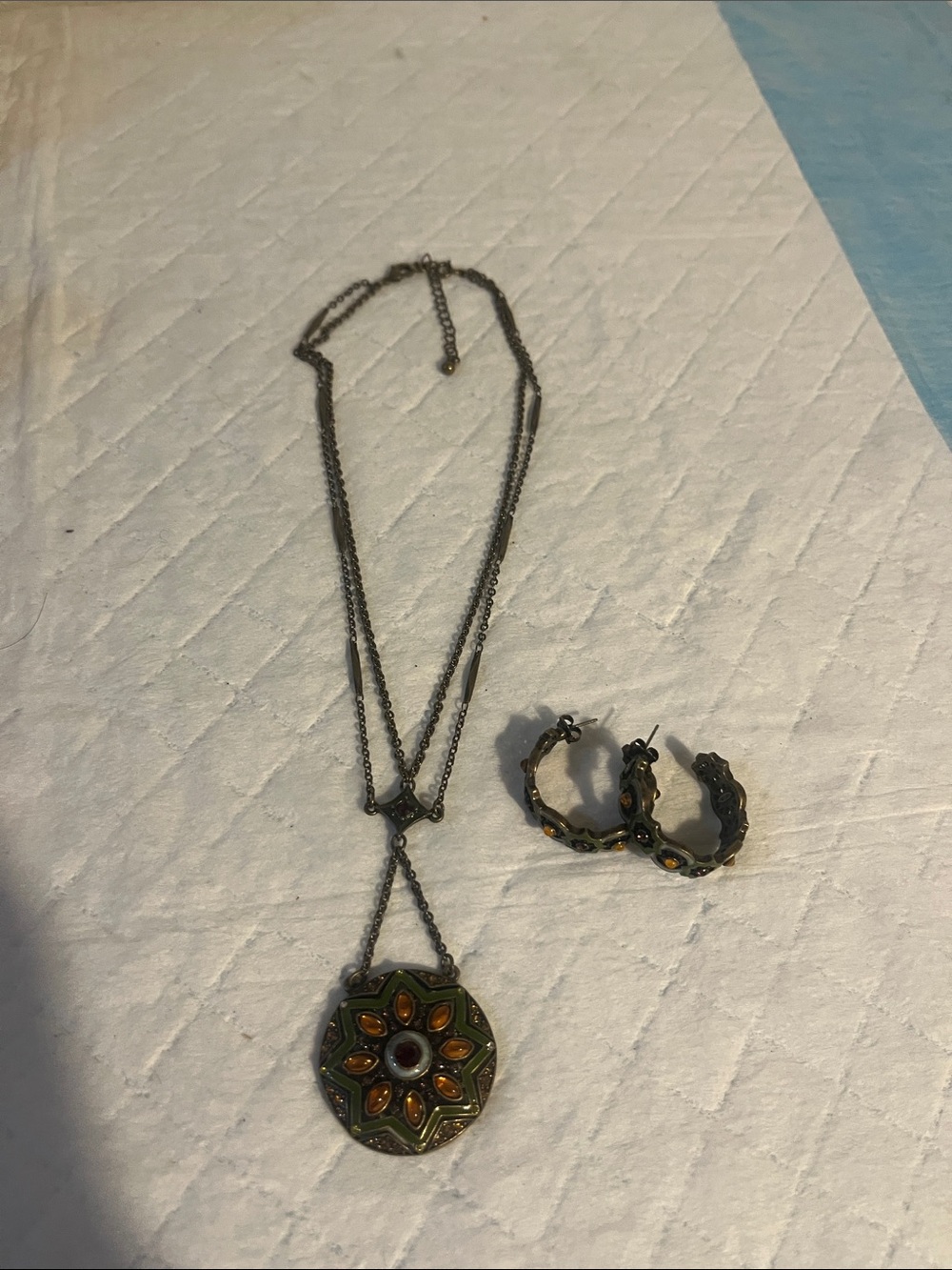 Antiqued Green and Amber Floral Medallion Necklace - Rustic Pendant Necklace